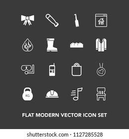 Modern, simple vector icon set on dark background with love, present, melody, equipment, helmet, interior, baseball, brush, diving, sound, weight, telephone, bag, sea, home, mask, tooth, tie icons