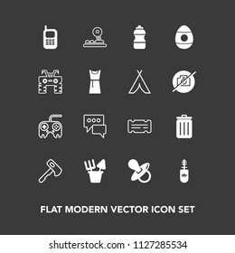 Modern, simple vector icon set on dark background with background, easter, message, bottle, screwdriver, button, construction, infant, garbage, coupon, brush, hammer, sand, entertainment, toy icons