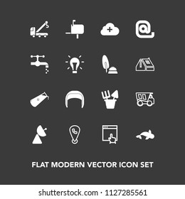 Modern, simple vector icon set on dark background with belt, cloud, map, background, chemistry, white, location, tow, mouse, dump, add, radio, web, dumper, equipment, signal, website, sea, phone icons