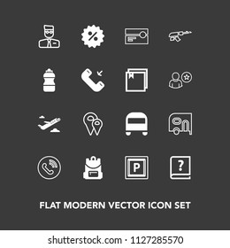 Modern, simple vector icon set on dark background with school, army, transport, bag, travel, van, stereo, backpack, delivery, gun, plane, departure, call, cassette, account, book, phone, street icons