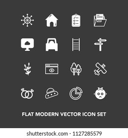 Modern, simple vector icon set on dark background with grain, agriculture, building, browser, environment, forest, chart, helm, tree, travel, diamond, nautical, internet, house, business, window icons