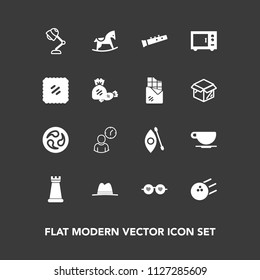 Modern, simple vector icon set on dark background with water, game, coffee, hippie, cappuccino, japan, river, electricity, business, work, interior, clock, bowling, fun, cafe, toy, cup, style icons