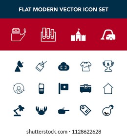 Modern, simple vector icon set with business, baby, nation, signal, achievement, tag, communication, place, america, kettle, tower, stationary, person, clothes, radio, hot, phone, analysis, home icons