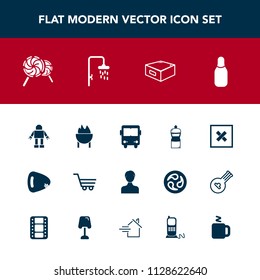 Modern, simple vector icon set with equipment, profile, music, stationary, lollipop, cone, phone, rent, candy, drawer, bus, retail, robot, sign, broom, food, ball, cleaner, cart, account, cup icons