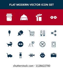 Modern, simple vector icon set with jar, street, hippie, sweet, share, light, social, sign, road, honey, buy, pram, gym, gift, fashion, ice, shop, box, fitness, style, happy, city, kid, food icons