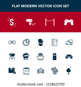 Modern, simple vector icon set with presentation, estate, retro, fitness, play, lorry, bbq, graph, white, soup, currency, house, transportation, gym, cooking, dinner, hipster, workout, barbecue icons