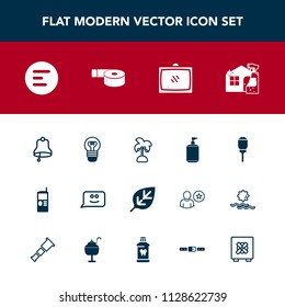 Modern, simple vector icon set with room, summer, soap, electricity, tree, spray, telephone, television, natural, button, city, street, vintage, lightbulb, sticky, bell, mobile, home, cell, tape icons