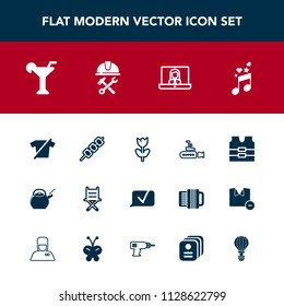 Modern, simple vector icon set with musical, jacket, communication, undersea, boat, food, barbecue, call, ocean, internet, safety, fashion, technology, blossom, martini, armchair, furniture, sea icons