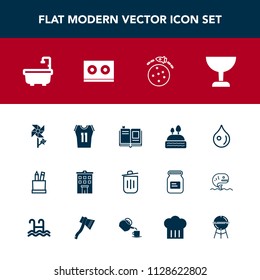 Modern, simple vector icon set with planet, recycling, travel, can, toilet, drop, house, game, building, search, real, liquid, space, box, dessert, spring, business, basketball, water, blossom icons