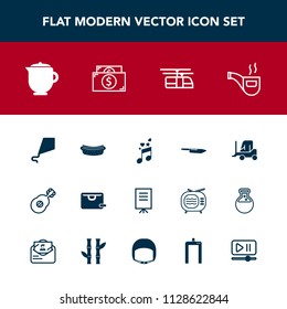 Modern, simple vector icon set with white, dinner, teapot, tea, people, money, kite, classic, car, joy, tobacco, blue, presentation, hotdog, meat, note, delivery, transportation, sausage, , rail icons