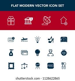 Modern, simple vector icon set with bulb, package, idea, present, airplane, pesticide, bank, apartment, airport, giftbox, cash, gift, light, plastic, property, technology, box, travel, high, new icons