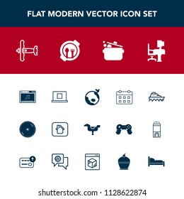 Modern, simple vector icon set with world, online, happy, day, war, flight, work, building, water, sea, web, kid, play, profile, schedule, disk, airplane, travel, transport, desk, cook, internet icons