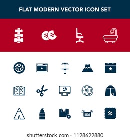 Modern, simple vector icon set with literature, light, web, interior, fitness, comfortable, celebration, education, armchair, star, chart, media, cafe, sweet, equipment, bathroom, tool, cut, mon icons