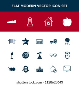 Modern, simple vector icon set with bottle, delivery, light, wine, grill, camera, nature, white, mountain, flashlight, building, calculator, vehicle, button, sign, bbq, food, architecture, water icons