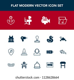 Modern, simple vector icon set with jacket, safety, child, film, stamp, video, garbage, lawn, rubber, step, grass, dryer, nautical, center, envelope, music, support, paper, sea, handle, box, up icons