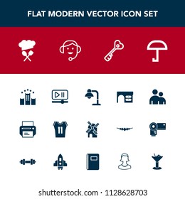 Modern, simple vector icon set with shirt, wind, sign, headset, people, rain, vacation, desk, man, sport, equipment, table, door, chief, energy, game, interior, print, call, button, video, human icons