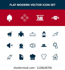 Modern, simple vector icon set with bell, construction, kitchen, mute, magic, telephone, futuristic, cyborg, trip, technology, cheese, luggage, sweet, cooking, cream, couple, book, home, call icons