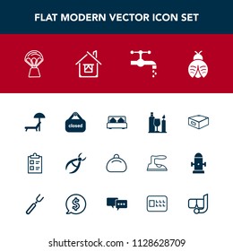 Modern, simple vector icon set with sign, bag, medical, hot, umbrella, butterfly, business, wine, sunbed, sink, dentistry, store, leather, drill, check, fly, shop, lady, list, checklist, summer icons