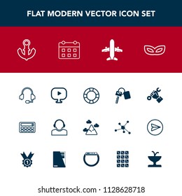 Modern, simple vector icon set with celebration, headset, calculator, vehicle, party, masquerade, auto, sea, builder, microphone, automobile, button, nautical, call, plane, video, service, boat icons