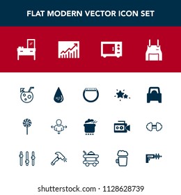 Modern, simple vector icon set with sign, dish, cabinet, drink, furniture, candy, astronomy, watch, vehicle, gadget, home, uniform, oven, sky, place, direction, cook, food, drop, sweet, travel icons