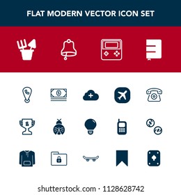 Modern, simple vector icon set with book, map, bank, plane, cash, web, technology, plastic, light, butterfly, mobile, winner, telephone, paper, internet, add, location, bulb, fly, cell, energy icons