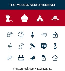 Modern, simple vector icon set with breakfast, estate, tent, cake, economy, travel, dessert, online, hat, hot, hour, rocket, roll, computer, late, sitting, tool, office, home, business, profile icons