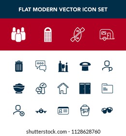 Modern, simple vector icon set with speech, vehicle, web, wine, edible, bin, search, traffic, hat, coffee, sport, food, house, chef, transportation, estate, internet, restaurant, water, oar, van icons