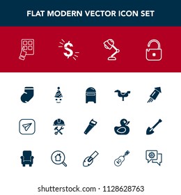 Modern, simple vector icon set with holiday, light, play, construction, saw, winter, kid, lamp, mailbox, birthday, mail, festival, warm, firework, industry, clown, event, celebration, web, post icons