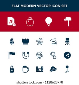 Modern, simple vector icon set with eiffel, movie, add, flag, mail, box, tripod, ocean, chair, wildlife, field, magnetic, landmark, france, file, food, parachute, science, pole, camera, paris icons