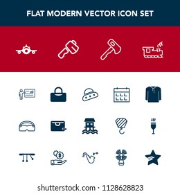 Modern, simple vector icon set with tool, jacket, travel, glasses, departure, sport, presentation, space, calendar, , airplane, business, sea, beacon, sign, transport, axe, people, hammer, time icons