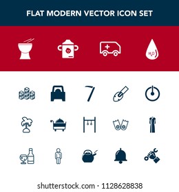 Modern, simple vector icon set with storage, storehouse, palm, milk, exercise, music, ambulance, vehicle, warehouse, wrench, sport, equipment, nutrition, hammer, drop, musical, button, car, tool icons