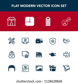 Modern, simple vector icon set with protection, space, award, van, film, infographic, trumpet, bugle, transportation, bag, communication, style, leather, video, fashion, television, building icons