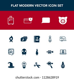 Modern, simple vector icon set with banking, security, vegetable, alien, directory, pig, bank, music, ufo, pork, suitcase, fashion, fireplace, piglet, space, business, monster, hot, suit, file icons
