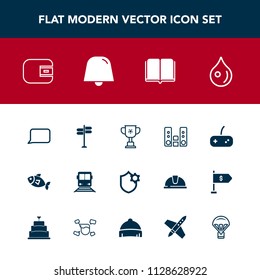 Modern, simple vector icon set with road, cup, notification, wallet, cash, white, water, sea, audio, library, music, competition, literature, train, direction, seafood, transportation, game icons