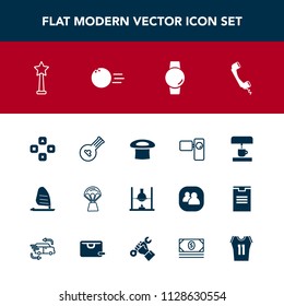 Modern, simple vector icon set with technology, science, coffee, hat, watch, computer, bowling, pin, success, balloon, music, sea, folk, surf, gadget, phone, ocean, machine, tripod, musical, hot icons