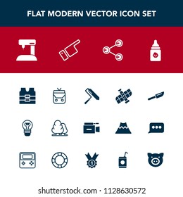 Modern, simple vector icon set with object, tree, dinner, forest, equipment, planet, knife, sew, cutlery, protective, share, milk, brush, environment, station, style, bulb, landscape, bottle icons