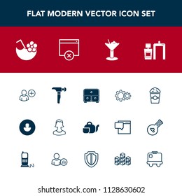 Modern, simple vector icon set with cafe, bar, avatar, shield, security, human, protect, saw, teapot, drink, coffee, storage, japanese, distribution, machine, storehouse, alcohol, online, shop icons