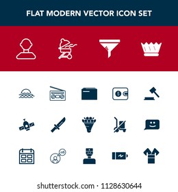 Modern, simple vector icon set with planet, decoration, sunrise, music, purse, money, internet, floral, crown, sun, knife, sound, cutlery, male, restaurant, finance, record, station, king, radio icons