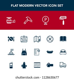 Modern, simple vector icon set with cook, label, transport, stop, world, travel, water, air, aviation, sign, safety, helicopter, delivery, car, library, sos, buoy, spoon, paint, education, sea icons