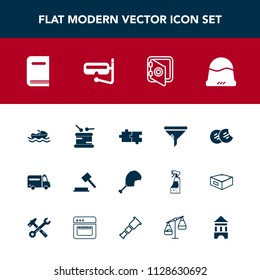 Modern, simple vector icon set with hat, sea, conditioner, snack, library, filter, music, book, boat, justice, headwear, vessel, judge, security, sweet, chicken, service, cap, ocean, puzzle, air icons