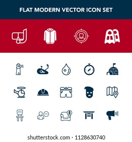 Modern, simple vector icon set with north, transport, mask, house, fashion, work, drop, construction, liquid, fitness, concept, sea, water, snorkel, light, shorts, lighthouse, hat, abstract, ice icons