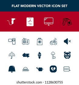 Modern, simple vector icon set with buy, technology, internet, camera, open, antenna, protection, video, white, gift, door, tripod, fashion, rain, communication, food, radio, dentist, puzzle icons
