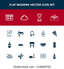Modern, simple vector icon set with red, sign, chair, lunch, ring, audio, cloud, computer, scuba, sport, technology, control, stereo, music, bell, interior, hour, sound, button, fish, pizza, tv icons
