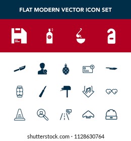Modern, simple vector icon set with privacy, clock, fresh, meal, hand, computer, hat, money, label, currency, diskette, knife, watch, box, finance, user, minute, exotic, motel, tropical, dinner icons
