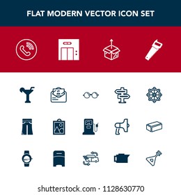 Modern, simple vector icon set with nautical, call, construction, envelope, image, box, work, doorknob, eye, optical, door, drink, circle, hanger, unpacking, sign, picture, helm, female, pump icons