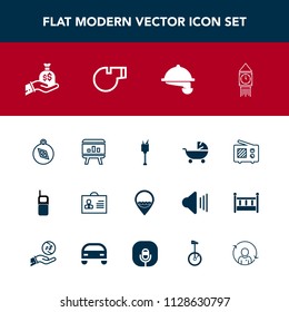 Modern, simple vector icon set with stroller, telephone, north, signal, job, kid, profile, old, phone, chart, radio, child, wine, service, clock, female, mobile, direction, restaurant, woman icons
