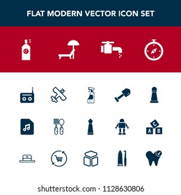 Modern, simple vector icon set with tap, housework, sink, north, note, compass, faucet, water, dinner, chair, airplane, paint, strategy, dentist, bottle, aircraft, tool, summer, dental, sunbed icons