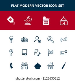 Modern, simple vector icon set with adventure, internet, cooking, distribution, travel, parachute, library, baby, storehouse, study, warehouse, web, camp, search, industrial, medical, medicine icons