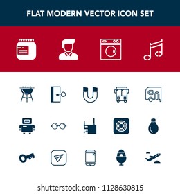 Modern, simple vector icon set with science, eyeglasses, van, sound, robot, door, glasses, eyesight, clean, work, road, cooking, machine, grill, washer, bbq, office, table, optical, cyborg, note icons