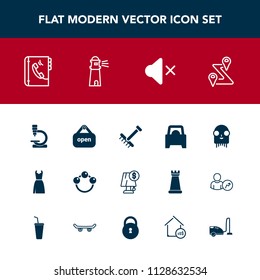 Modern, simple vector icon set with baby, toy, location, electricity, female, navigation, ufo, child, internet, space, rake, business, garden, road, phone, microscope, alien, shop, route, car icons